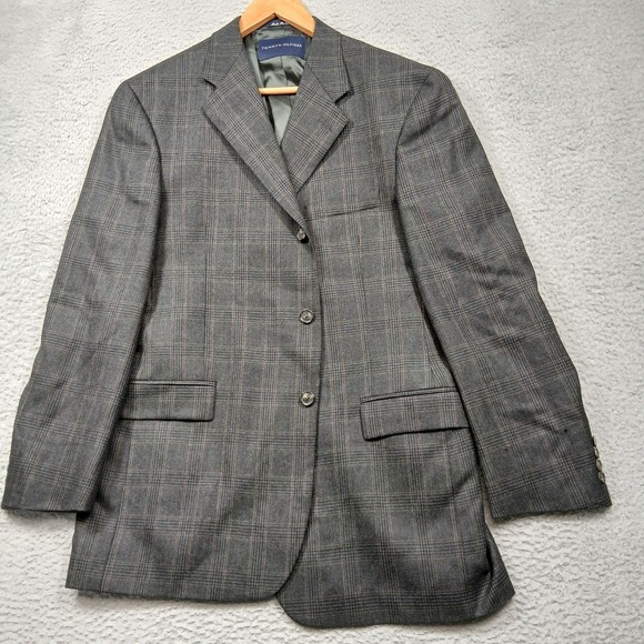 Tommy Hilfiger Blazer Mens 42R Gray Wool Glen Plaid Sport Coat Notch Lapel Lined